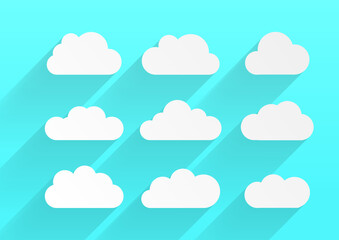 Vector clouds on blue background. Collection with flat icons design in different shapes and forms. Vector sky cartoon illustration. For web, print, app design, weather forecast or web interface.