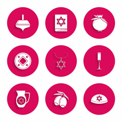 Set Star of David necklace on chain, Olives branch, Jewish kippah with star david, goblet, Decanter, coin, Pomegranate and Hanukkah dreidel icon. Vector