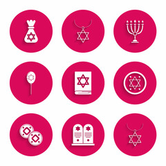 Set Jewish torah book, Tombstone with star of david, Star David necklace chain, coin, Balloons ribbon, Hanukkah menorah and money bag icon. Vector