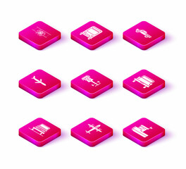 Fototapeta premium Set Car, Old retro vintage plane, Plane, Formula race car, Fishing boat, Pickup truck, Sedan and Bus icon. Vector