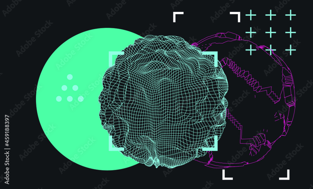 Poster glitched and distorted 3d sphere wireframe. abstract geometric vector illustration.