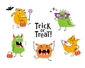 Vector set of  cute cartoon monsters for trick or treat Halloween design - 459188300
