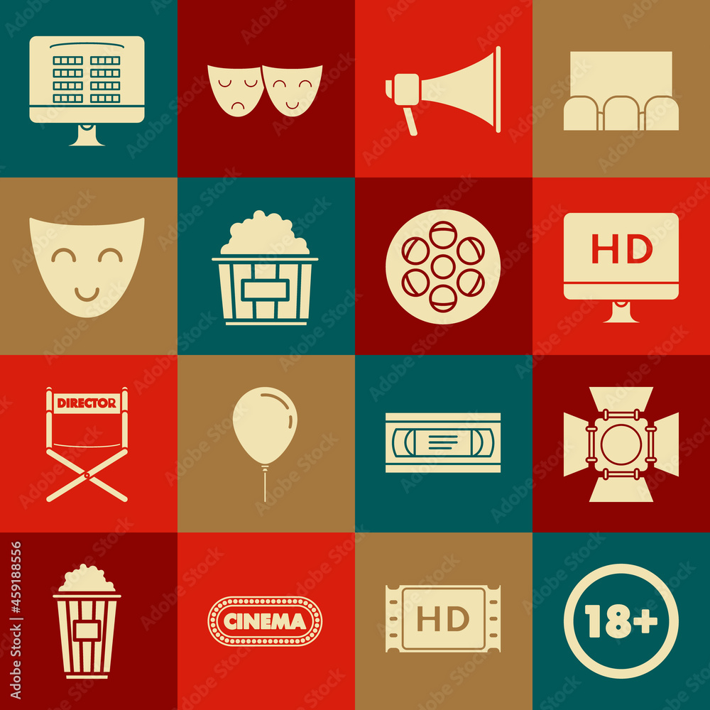 Sticker Set Under 18 years, Movie spotlight, Computer PC monitor with HD video technology, Megaphone, Popcorn in cardboard box, Comedy theatrical mask, Buy cinema ticket online and Film reel icon. Vector