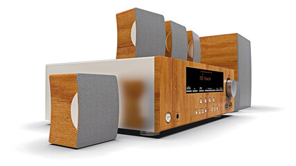 DVD receiver and home theater system with speakers and subwoofer made of aluminum and wood. 3d illustration.