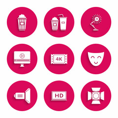 Set 4k movie, tape, frame, Laptop screen with HD video technology, Movie spotlight, Comedy theatrical mask, Online play, Table lamp and Popcorn cardboard box icon. Vector