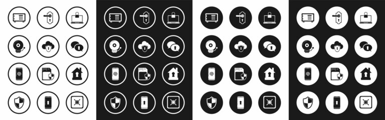 Set Laptop and lock, Cloud shield, Ringing alarm bell, Safe, Protection of personal data, Door handle, House under protection and Smartphone with fingerprint scanner icon. Vector