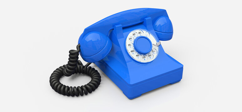 Old blue dial telephone on a white background. 3d illustration.