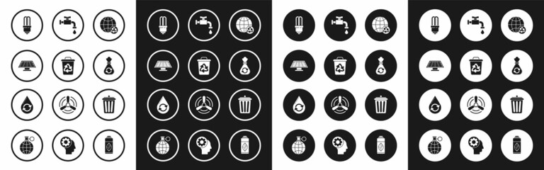 Set Planet earth and a recycling, Recycle bin with recycle symbol, Solar energy panel, LED light bulb, Garbage bag, Water tap, Trash can and clean aqua icon. Vector