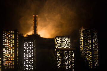 Creative artwork decoration. Chernobyl nuclear power plant at night. Layout of abandoned Chernobyl...