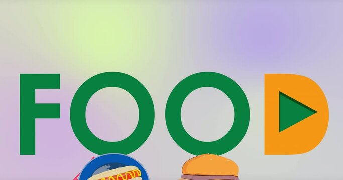 video signboard with the image of the word food and animation with hamburger and hot dog on a background of iridescent pastel colors for advertising signs for bistro and fast food outlets