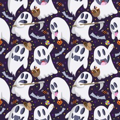 Seamless pattern for Halloween. Cute ghosts, candy , pumpkins on black background.