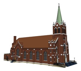 The building of the Catholic church, views from different sides. Three-dimensional illustration on a white background.