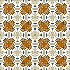Azulejo watercolor seamless pattern. Traditional Portuguese ceramic tiles. Hand drawn abstract background. Watercolor artwork for textile, wallpaper, print, swimwear design. Orange azulejo pattern.