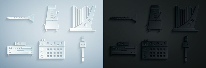 Set Drum machine, Harp, Music CD player, Microphone, Metronome with pendulum motion and Clarinet icon. Vector © Oksana