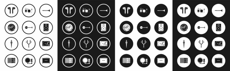Set Clarinet, Banjo, Music CD player, Air headphones, Stereo speaker, Drums, Vinyl with vinyl disk and Microphone icon. Vector