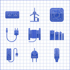 Set Wire electric cable on a reel or drum, Electric plug, LED light bulb, Battery, extension cord, Charger, switch and Electrical outlet icon. Vector