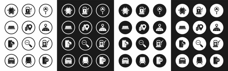 Set Magnifying glass and taxi car, Map pointer with, Taxi roof, Trolleybus, Location on the globe, Electric charging station, Petrol or Gas and call telephone service icon. Vector