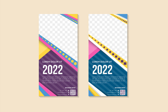 set of banner template design for promotion of happy new year party 2022. vertical layout with diagonal  space for photo. colorful elements with star ornament. purple and blue background.