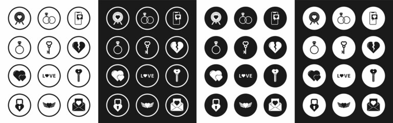 Set Smartphone with heart speech bubble, Key in shape, Wedding rings, Heart the center of darts target aim, Broken or divorce, and icon. Vector