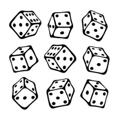Set of cubes for board game drawn by black outline in doodle style..Perfect for play decor of children playroom, textiles, packaging. Stay home concept.