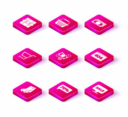 Set Socks, Seventy discount percent tag, Shopping cart, Money cash and coin, Hanging sign with Sale, Page 404 error, Stacks paper money and basket icon. Vector