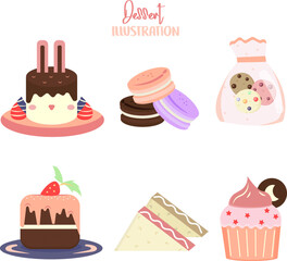 Set of cute dessert illustration vector. Birthday cake, macaroon, cookies, sandwich, cupcake for decoration.