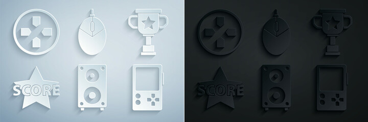 Set Stereo speaker, Award cup, Star, Portable video game console, Computer mouse gaming and Gamepad icon. Vector