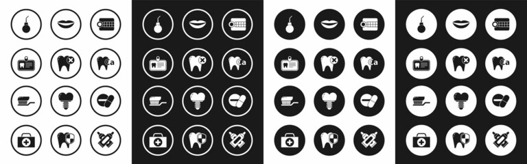 Fototapeta premium Set Dentures model, Tooth with caries, Id card tooth, Enema pear, Calcium for, Smiling lips, Medicine pill tablet and Toothbrush toothpaste icon. Vector