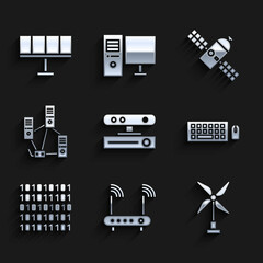 Set Motion sensor, Router and wi-fi signal, Wind turbine, Keyboard mouse, Binary code, Computer network, Satellite and Solar energy panel icon. Vector
