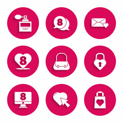 Fototapeta premium Set Handbag, Heart cursor click, Shopping with heart, Castle the shape of, 8 March on monitore, Envelope and Perfume icon. Vector