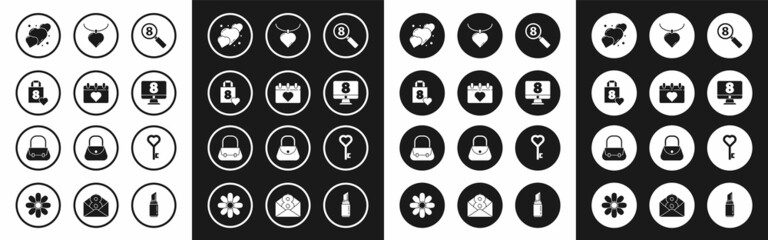 Set Search 8 March, Calendar with, Shopping bag heart, Heart, on monitore, Necklace shaped pendant, Key and Handbag icon. Vector