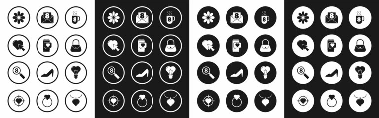 Set Coffee cup with 8 March, Online dating app and chat, Heart cursor click, Flower, Handbag, Envelope, shape light bulb and Search icon. Vector