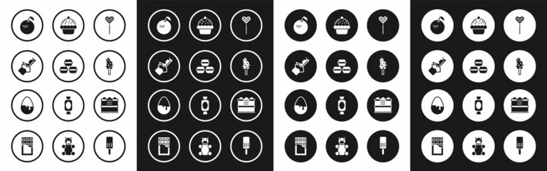 Fototapeta premium Set Lollipop, Macaron cookie, Bitten chocolate bar, Apple, Ice cream, Cupcake, Cake and Chocolate egg icon. Vector