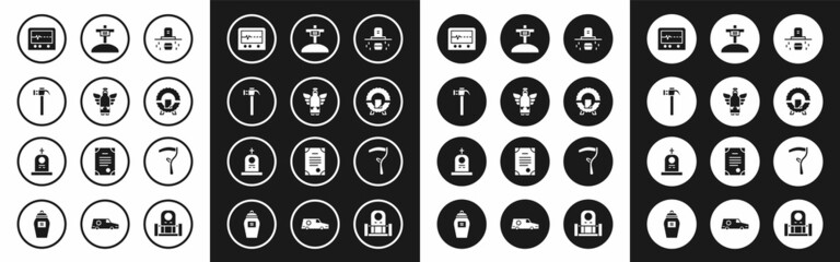 Set Grave with coffin, Christmas angel, Hammer, Beat dead monitor, Memorial wreath, cross, Scythe and tombstone icon. Vector