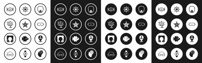 Set Diving mask, Starfish, Coral, Photo camera, Ship steering wheel, Location with anchor and Life jacket icon. Vector