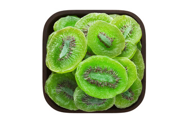 Fototapeta na wymiar candied fruit, dried kiwi with sugar in square bowl isolated on white background. organic food, top view.
