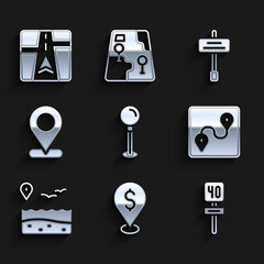 Set Push pin, Cash location, Road traffic sign, Route, Location with beach, and Gps device map icon. Vector