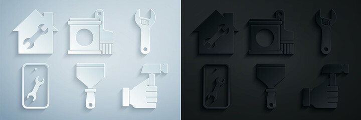 Set Putty knife, Adjustable wrench, Mobile service, Hammer, Paint bucket and brush and House repair icon. Vector