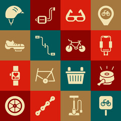 Set Bicycle parking, bell, Mobile holder, Sport cycling sunglasses, pedals, shoes, helmet and icon. Vector