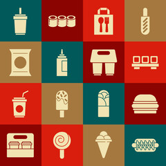 Set Hotdog sandwich, Burger, Sushi on cutting board, Online ordering delivery, Sauce bottle, Bag packet potato chips, Paper glass with straw and Coffee cup go icon. Vector