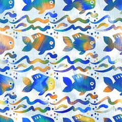 Batik fish tie dye wash background. Mottled underwater swimming fishes for beach swimwear. Fun summer trendy beach fashion print. Digital fluid watercolor effect. High resolution seamless pattern.