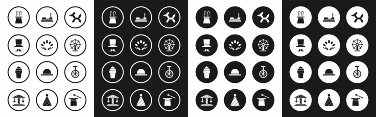 Set Balloon dog, Hand holding playing cards, Magician, hat rabbit ears, Ferris wheel, Bumper, Unicycle or one bicycle and Ice cream icon. Vector © Oksana