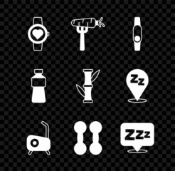 Set Smart watch, Carrot on fork, Smartwatch, Stationary bicycle, Dumbbell, Sleepy, Bottle of water and Bamboo icon. Vector