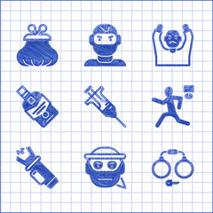 Set Syringe, Bandit, Handcuffs, Murder, Police electric shocker, Whiskey bottle, Thief surrendering hands up and Wallet icon. Vector