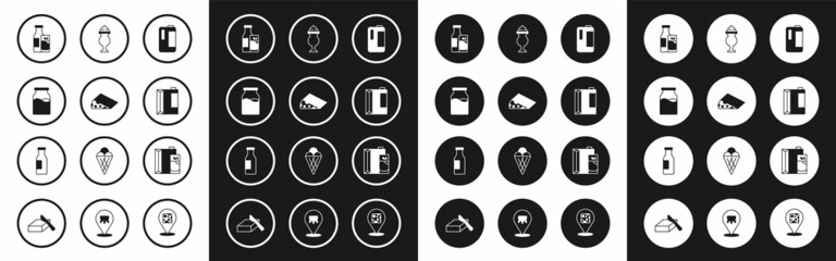 Set Milk in plastic bottle, Cheese, Bottle with milk, and glass, Paper package for kefir, Milkshake, and icon. Vector