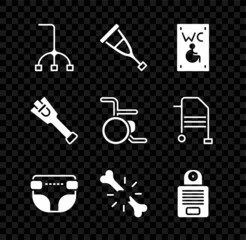 Set Walking stick cane, Crutch or crutches, Separated toilet for disabled, Adult diaper, Human broken bone, Intercom, Prosthesis leg and Wheelchair icon. Vector