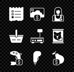 Set Shopping list, Credit card, Seller, Price tag for fish, Scanner scanning bar code, pear, basket and Electronic scales icon. Vector