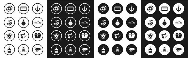 Set Anchor, Bomb ready to explode, Pirate coin, bandana for head, Antique treasure chest, and captain icon. Vector