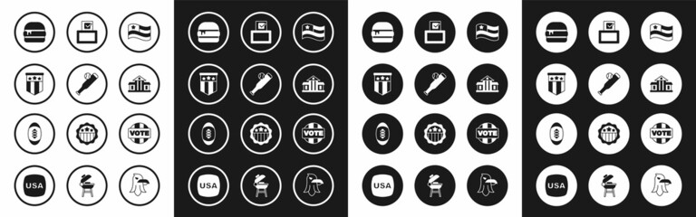 Set American flag, Baseball bat with ball, Burger, White House, Vote box, and Football icon. Vector