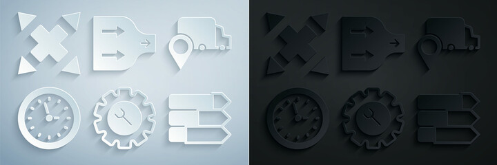 Obraz premium Set Wrench and gear, Delivery tracking, Clock, Pie chart infographic, Arrow and Many ways directional arrow icon. Vector